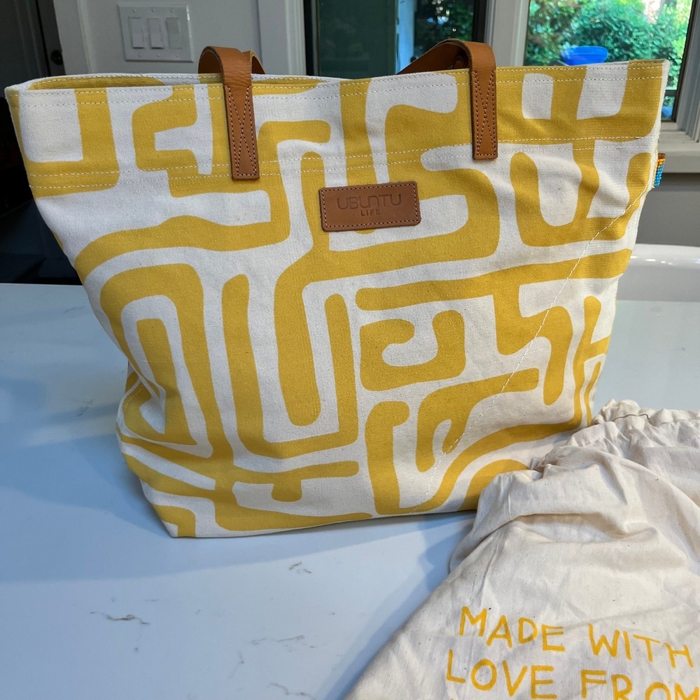 NWT Ubuntu Life Kuba Yellow White Geometric Canvas Tote Bag Leather Handles